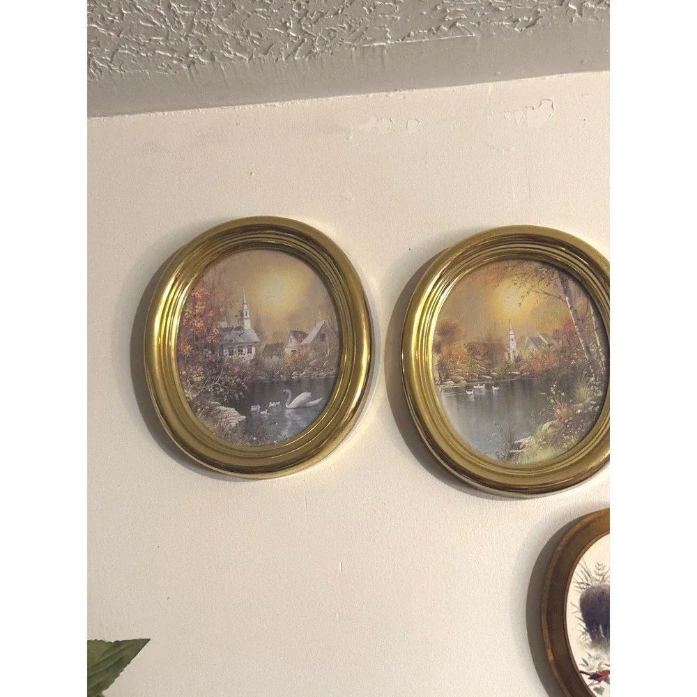 Vintage Set of 2 Oval Gold Framed Landscape Wall Art Swan Pond Cottage 8x6.5